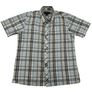 Free World Plaid Men Large Short Sleeve Button Down Shirt Brown Blue Western